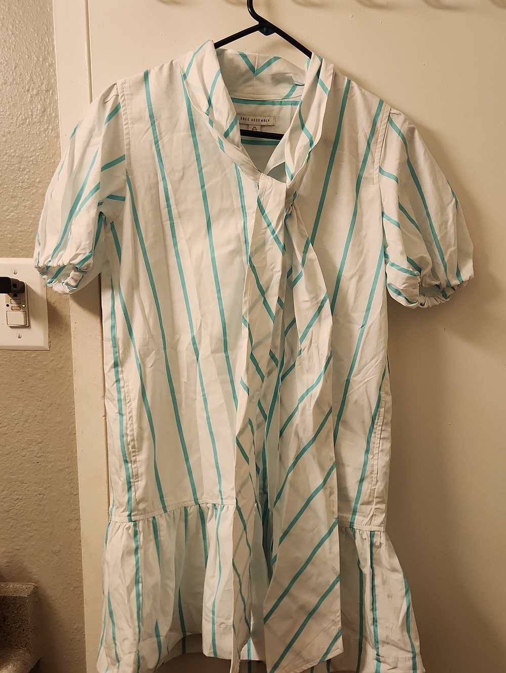 Free Assembly White & Teal Striped Dress with Tie Neck- XS